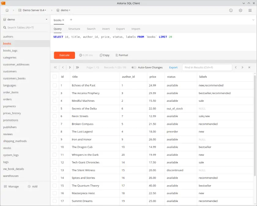 Astoria SQL Client database browser in the light theme