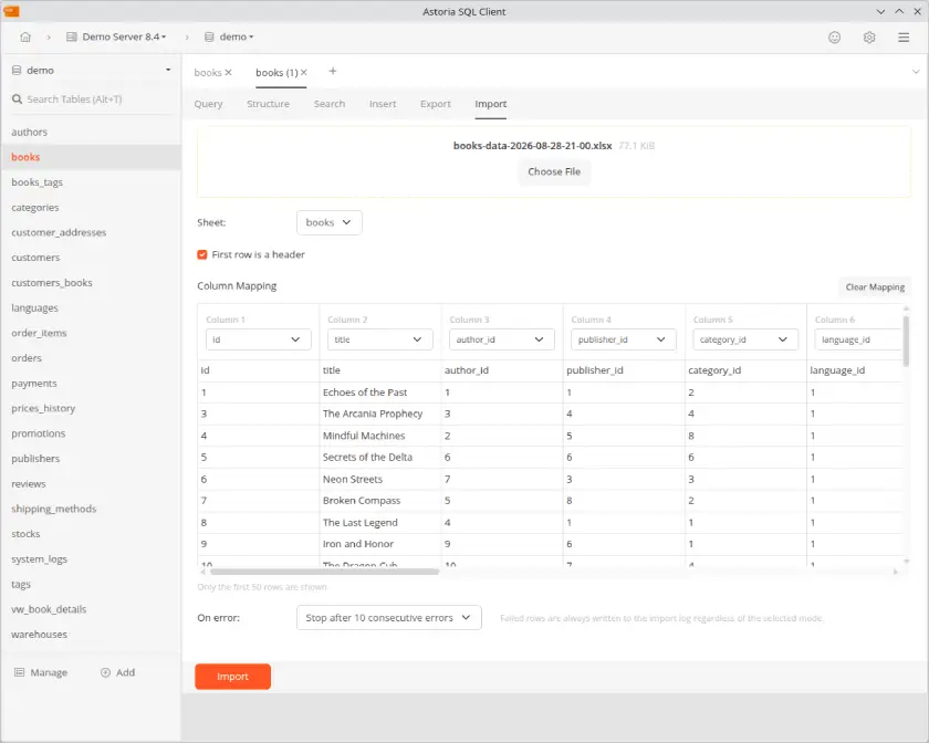 Astoria SQL Client import workflow in the light theme