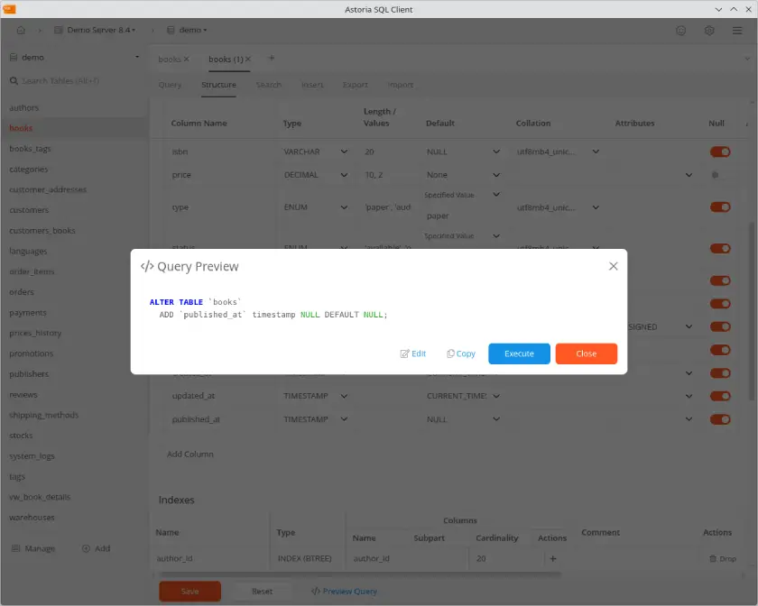 Astoria SQL Client query preview in the light theme