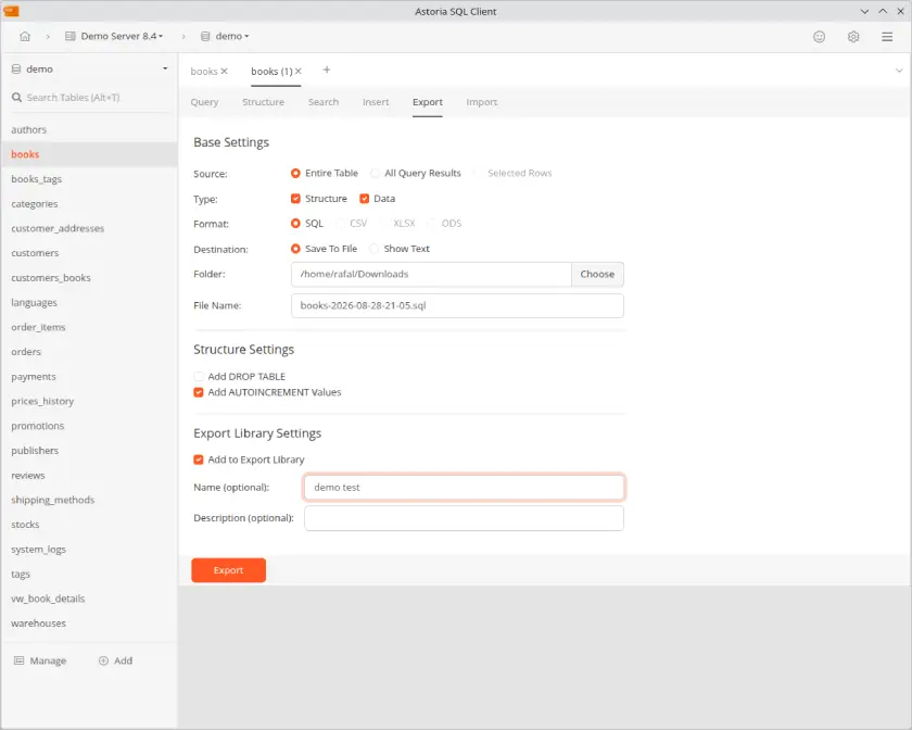 Astoria SQL Client export workflow in the light theme