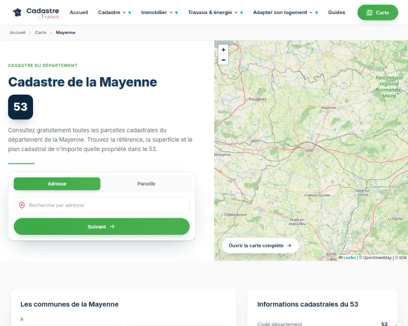 Cadastre France department page with search and map