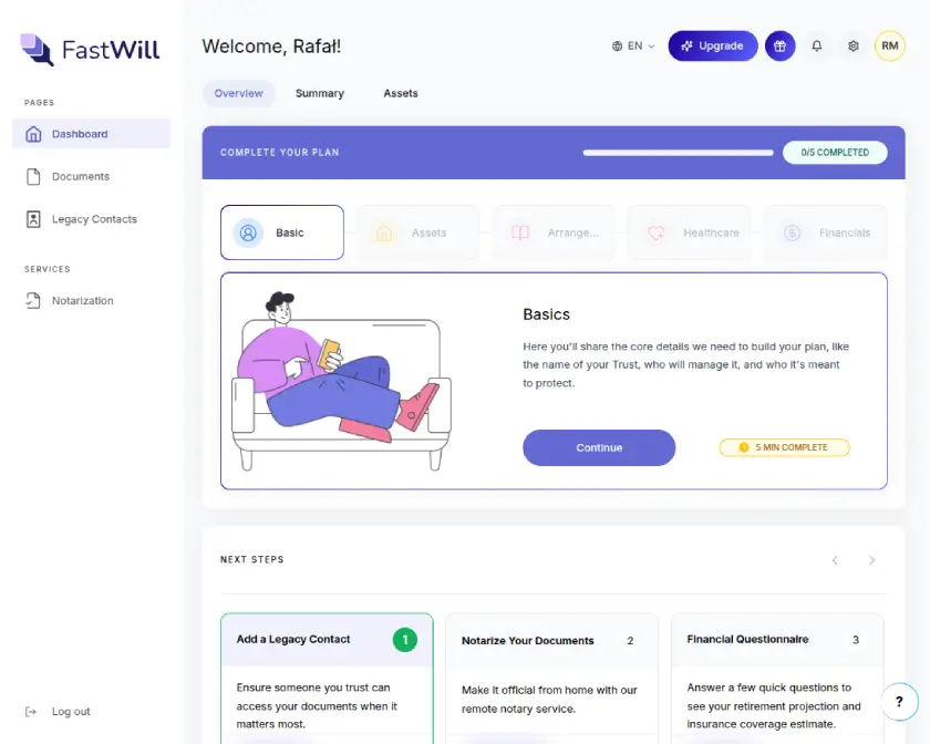 FastWill customer dashboard showing estate plan progress