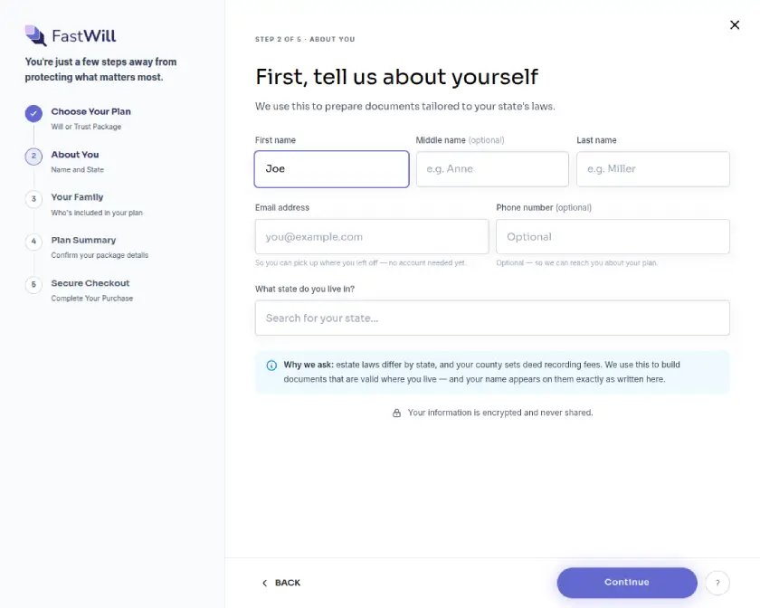 FastWill guided workflow for entering personal details