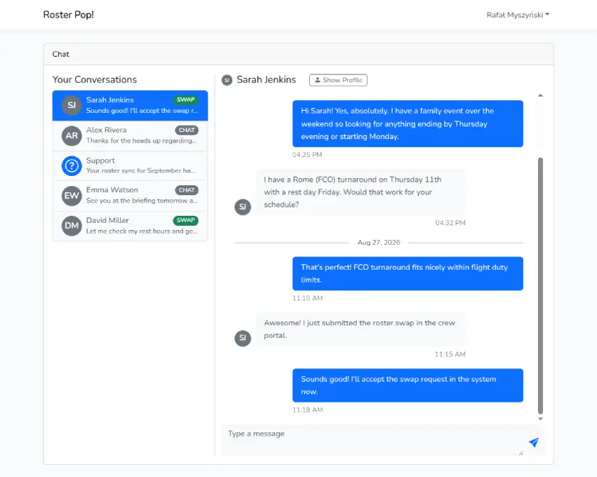 RosterPop real-time crew chat interface