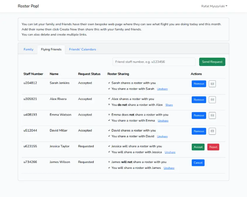 RosterPop crew friends and connections interface